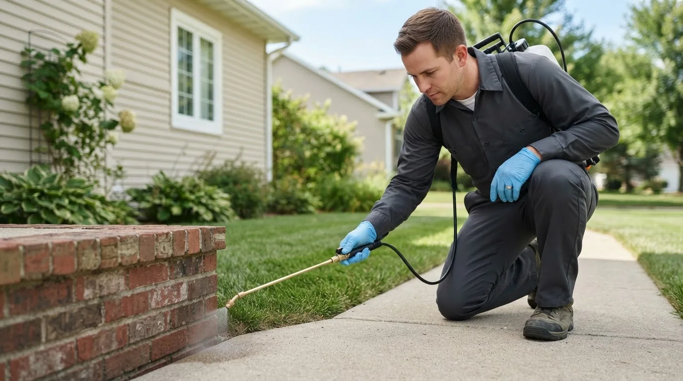 Pest control technician treating a home near Earlimart, CA